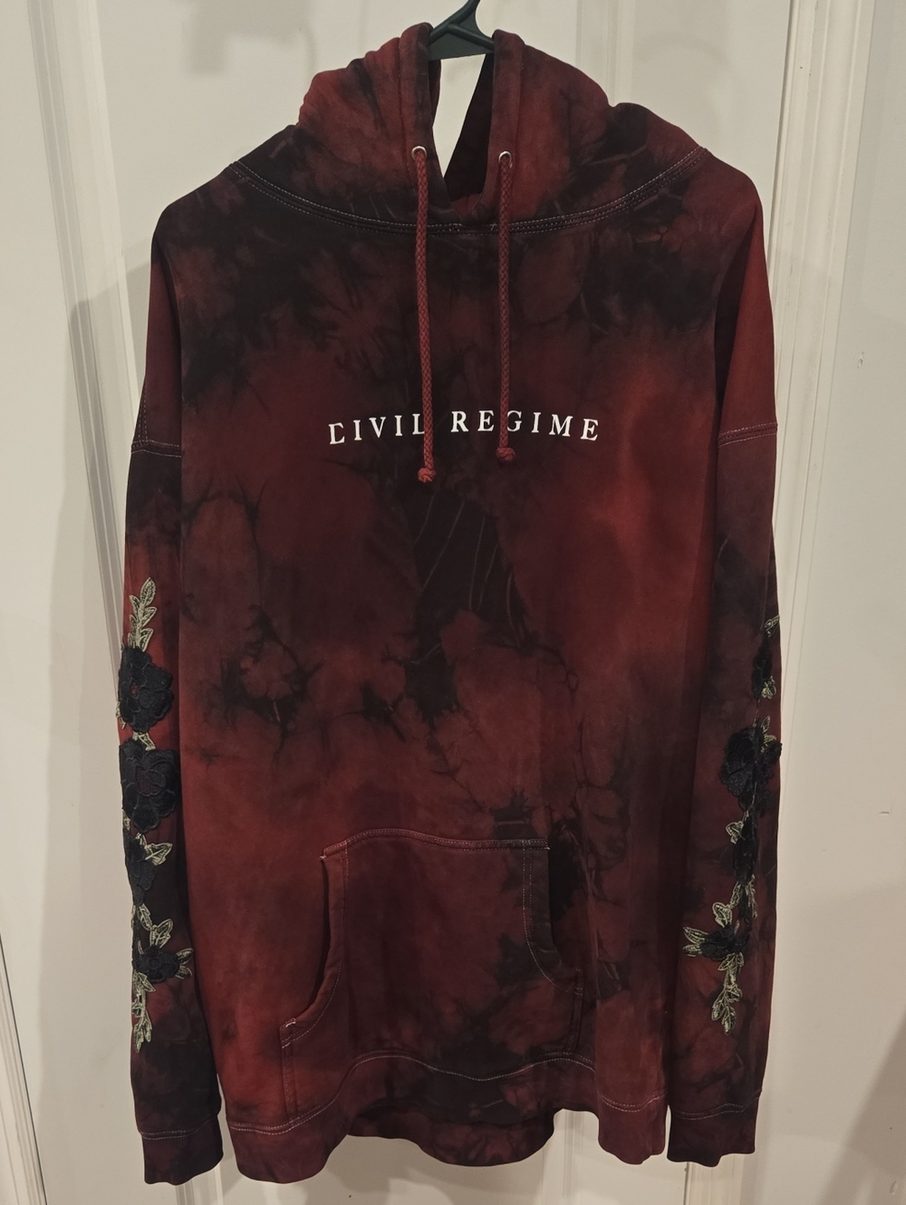 Civil Regime Maroon Tie-Dye Crewneck Hoodie with Floral Sleeve Embroidery